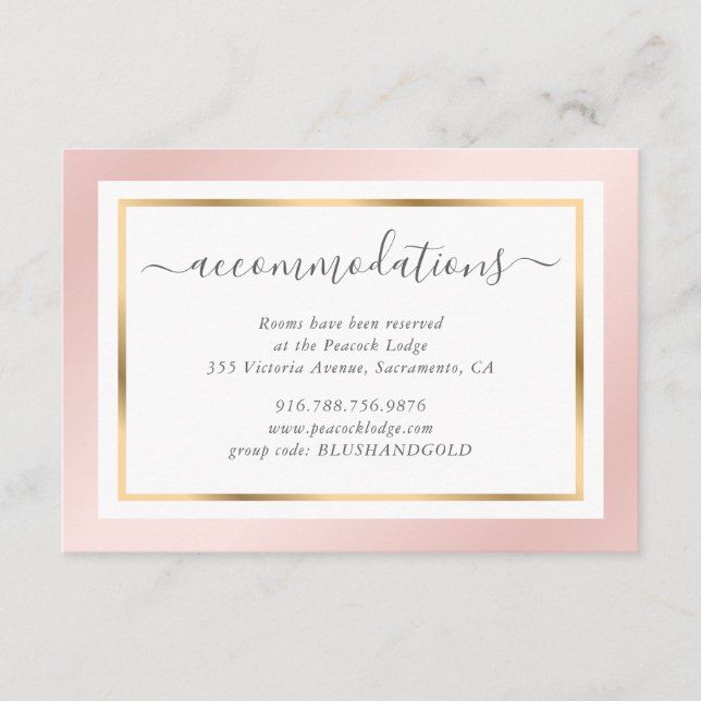 Tarjeta De Recepción Alojamiento Boda moderno Rubor rosa y dorado (Anverso)