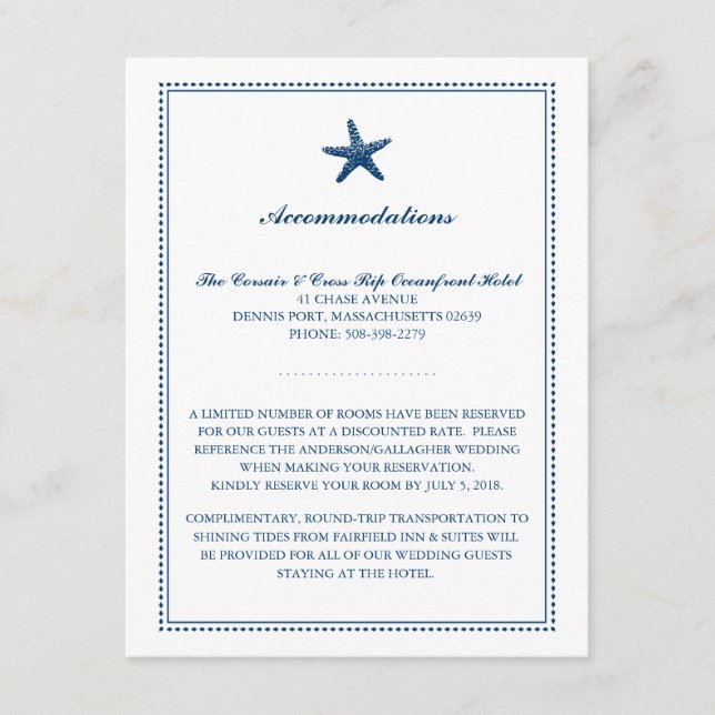 Tarjeta De Recepción Alojamiento Boda Navy Blue Graceful Starfish (Anverso)