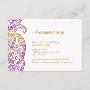 Tarjeta De Recepción Alojamiento Boda Purple and Gold Paisley
