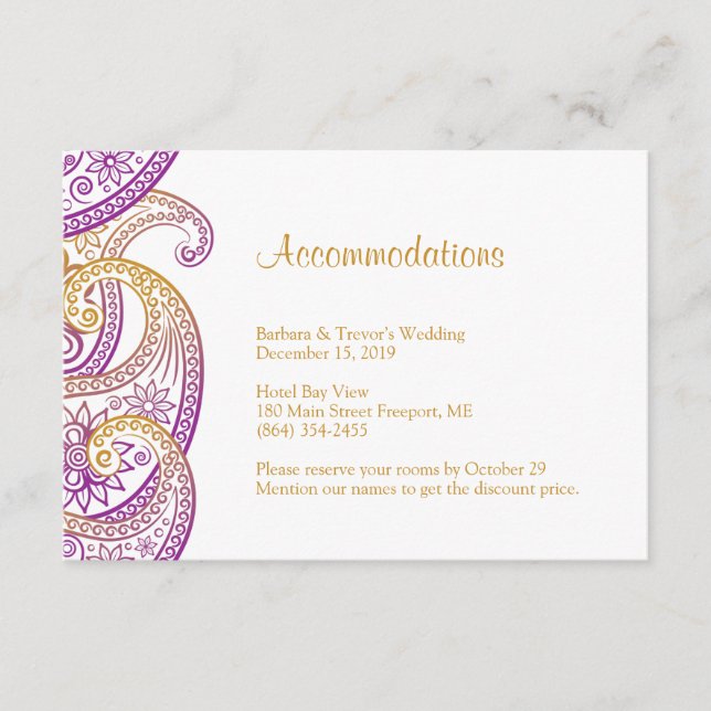 Tarjeta De Recepción Alojamiento Boda Purple and Gold Paisley (Anverso)