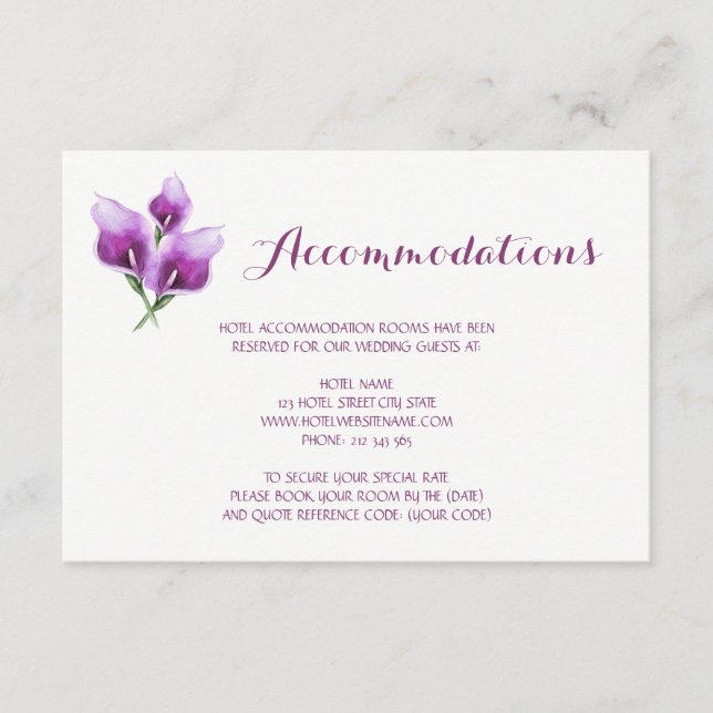 Tarjeta De Recepción Alojamiento Boda Purple Calla Lily Floral (Anverso)