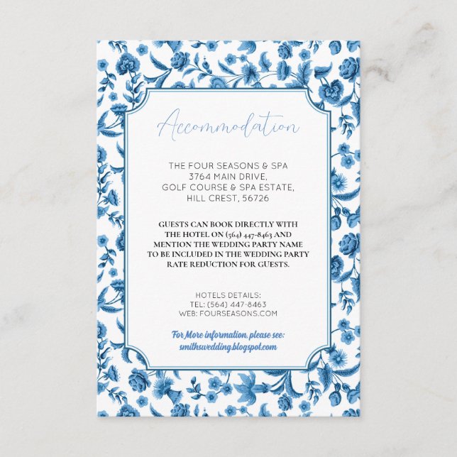 Tarjeta De Recepción Alojamiento Boda RSVP Chintz Azul Blanco (Anverso)