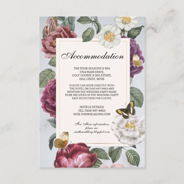 Tarjeta De Recepción Alojamiento Boda RSVP Floral Mariposa Bloom (Anverso)