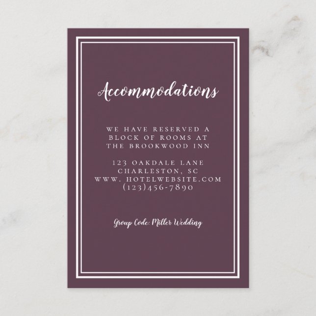 Tarjeta De Recepción Alojamiento Boda simple Cassis Purple Detail (Anverso)