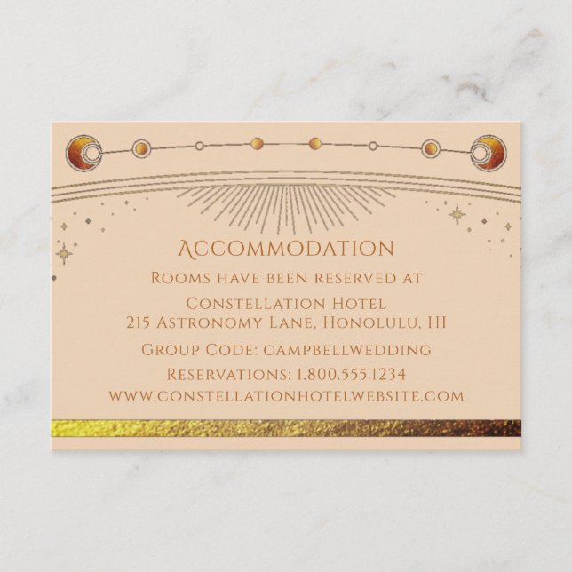 Tarjeta De Recepción Alojamiento Celestial de Champagne Sun Moon Stars