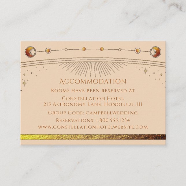 Tarjeta De Recepción Alojamiento Celestial de Champagne Sun Moon Stars (Anverso)