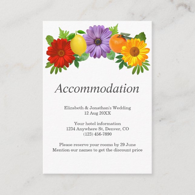 Tarjeta De Recepción Alojamiento Citrus Floral Garden Wedding (Anverso)
