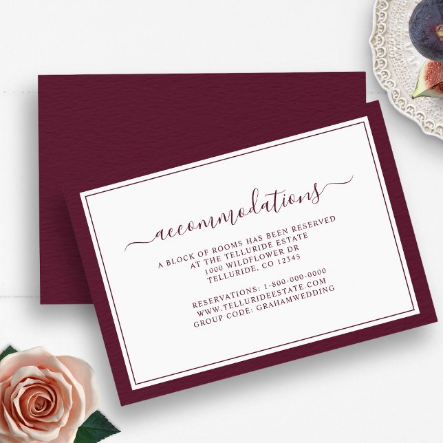 Tarjeta De Recepción Alojamiento con estilo sencillo y elegante en Borg (Burgundy Simple Elegant Script Accommodations Enclosure Card by Painted Paperie
)