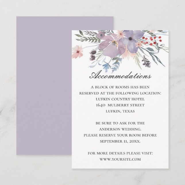Tarjeta De Recepción Alojamiento con flores moradas. detalles del boda (Anverso / Reverso)