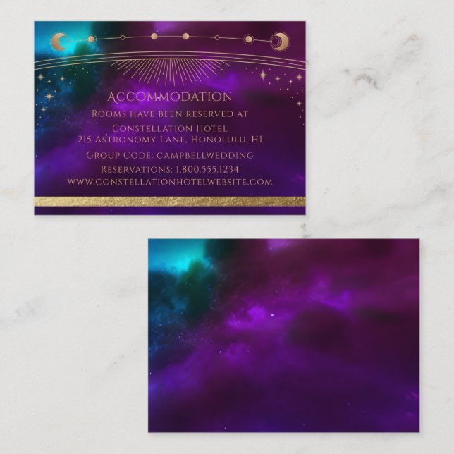Tarjeta De Recepción Alojamiento Cosmic Purple Verde azulada Gold Moon (Anverso / Reverso)