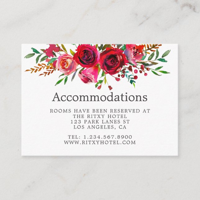 Tarjeta De Recepción Alojamiento de Boda acuarela floral (Anverso)