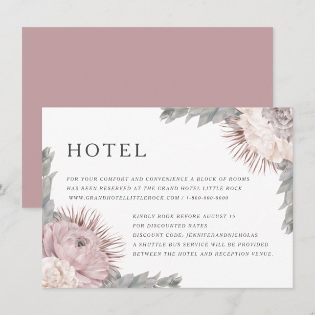 Tarjeta De Recepción Alojamiento de boda con flores secas rosadas (Anverso / Reverso)