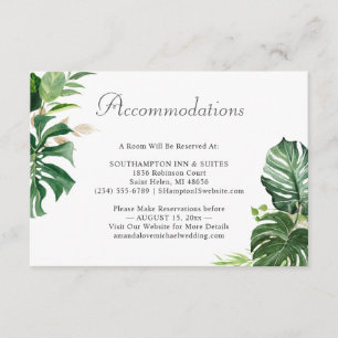 Tarjeta De Recepción Alojamiento de boda con hojas de palmera tropicale