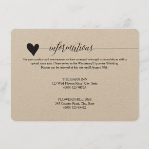 Tarjeta De Recepción Alojamiento de Boda de Kraft rústico, caligrafía c