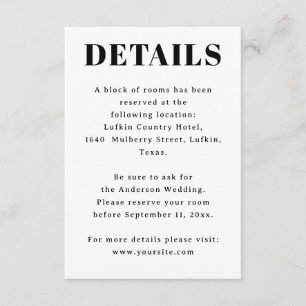 Tarjeta De Recepción Alojamiento de Boda. Detalles e Información del Ho