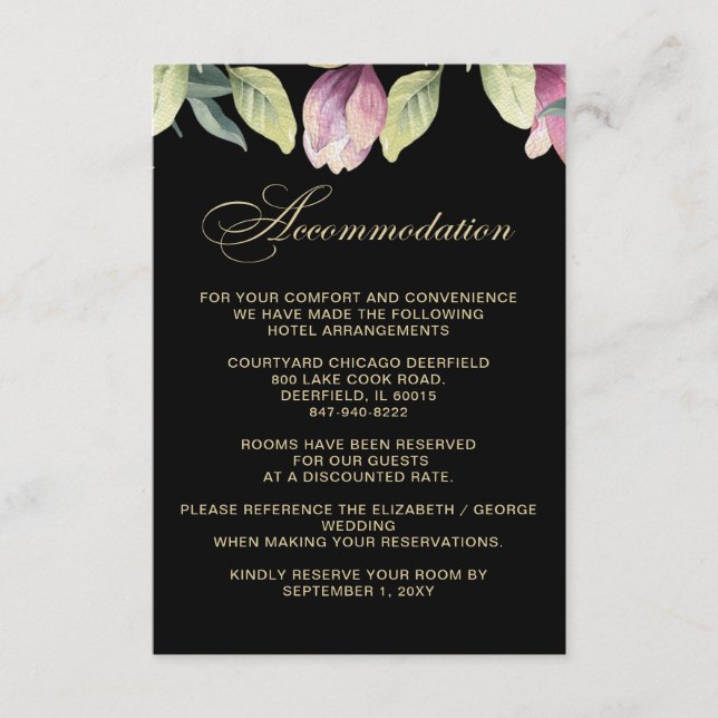 Tarjeta De Recepción alojamiento de boda Floral Negro Púrpura Dorado (Anverso)