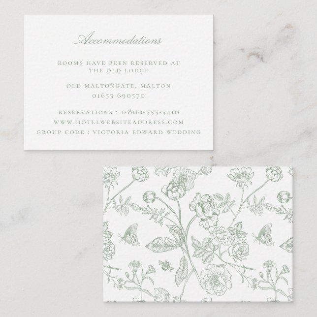 Tarjeta De Recepción Alojamiento de Boda floral verde sage (Anverso / Reverso)