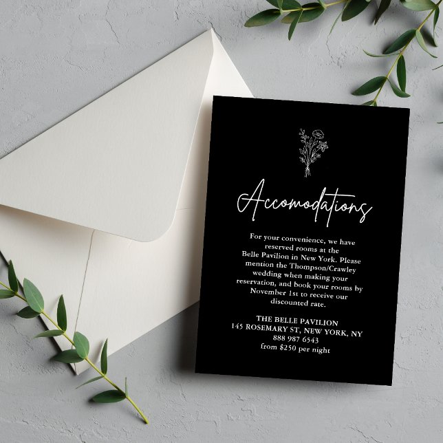 Tarjeta De Recepción Alojamiento de Boda Negro Boho Botanicals (Botanical black accommodations enclosure card shares stay details with sleek style for your guests)