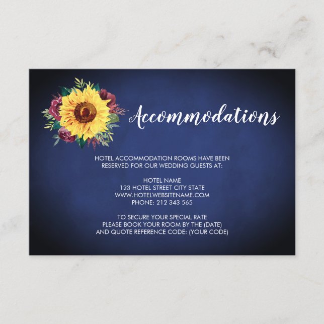 Tarjeta De Recepción Alojamiento de boda rosa de Burdeos girasol azul m (Anverso)