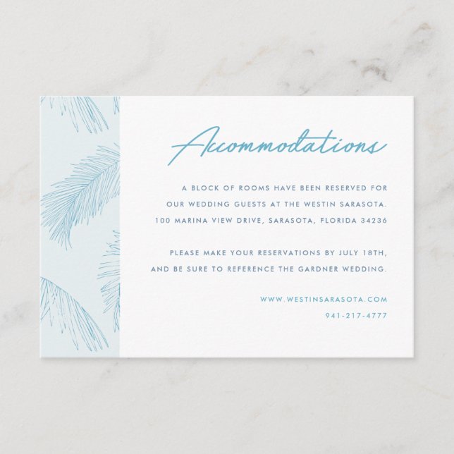 Tarjeta De Recepción Alojamiento de Boda Tropical en Palm Leaves (Anverso)