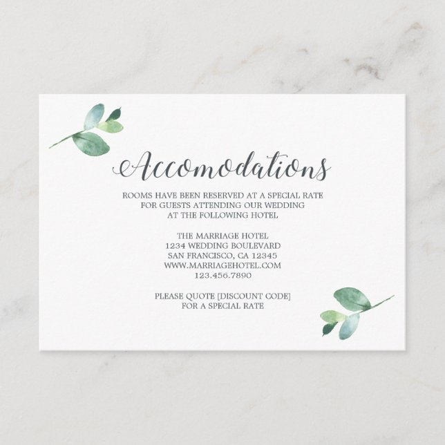 Tarjeta De Recepción Alojamiento de Bodas de follaje de Eucalyptus (Anverso)