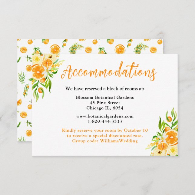 Tarjeta De Recepción Alojamiento de Bodas de naranjas (Anverso / Reverso)