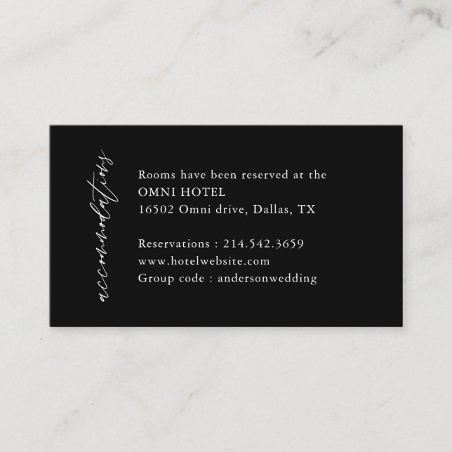 Tarjeta De Recepción Alojamiento de Bodas Elegantes y Negras (Anverso)