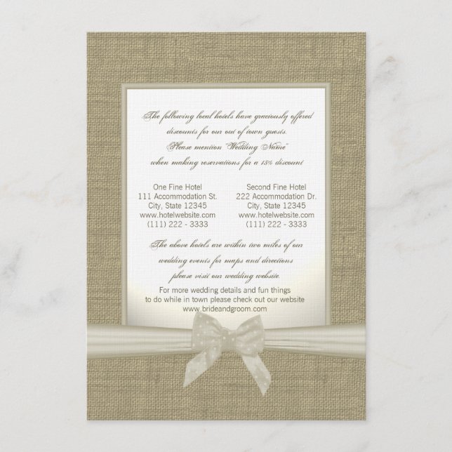 Tarjeta De Recepción Alojamiento de Bodas Rústicos Burlap y Bow (Anverso)