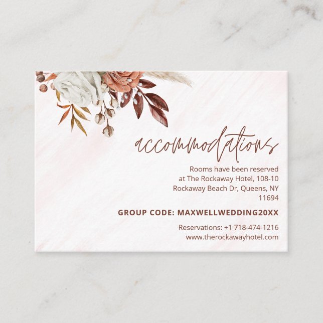 Tarjeta De Recepción Alojamiento de Boho Moda Terracotta Fall Wedding (Anverso)