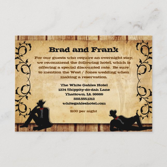 Tarjeta De Recepción Alojamiento de Cowboy Grooms Personalizado Gay Bod (Anverso)