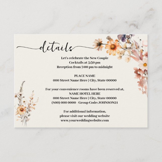 Tarjeta De Recepción Alojamiento de detalles del Boda de Flores Silvest (Anverso)