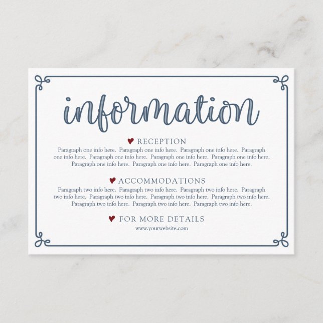Tarjeta De Recepción Alojamiento de información azul y rojo oscuro (Anverso)