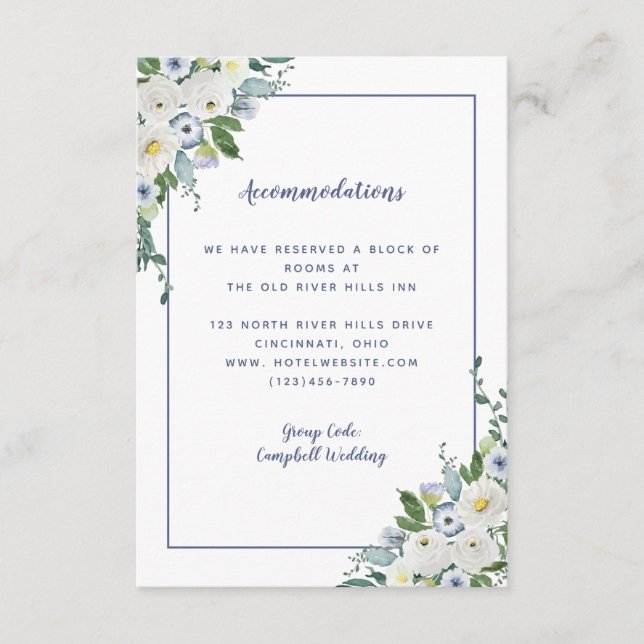 Tarjeta De Recepción Alojamiento Detalles Elegante Moda azul acuarela (Anverso)