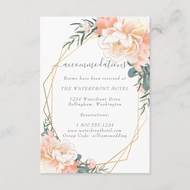 Tarjeta De Recepción Alojamiento Dusty Blue Peach Floral Gold Boda (Anverso)