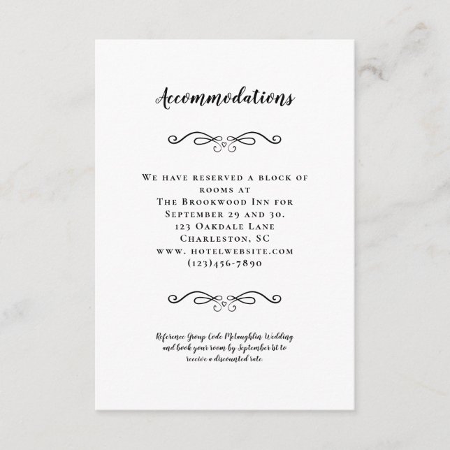 Tarjeta De Recepción Alojamiento elegante Boda blanco negro (Anverso)
