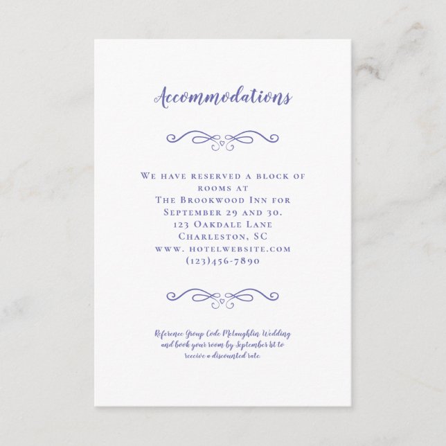 Tarjeta De Recepción Alojamiento Elegante Boda Periwinkle (Anverso)