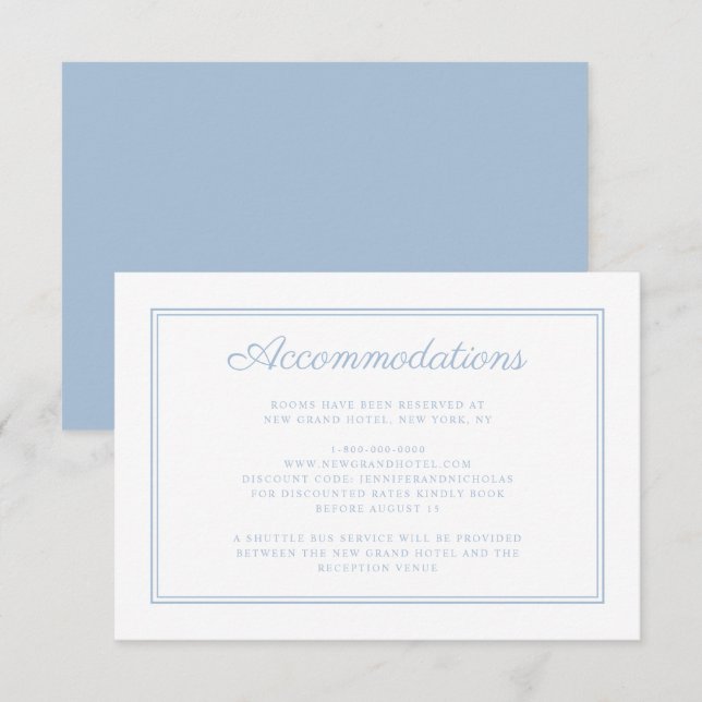 Tarjeta De Recepción Alojamiento elegante en Boda con guion azul en pol (Anverso / Reverso)