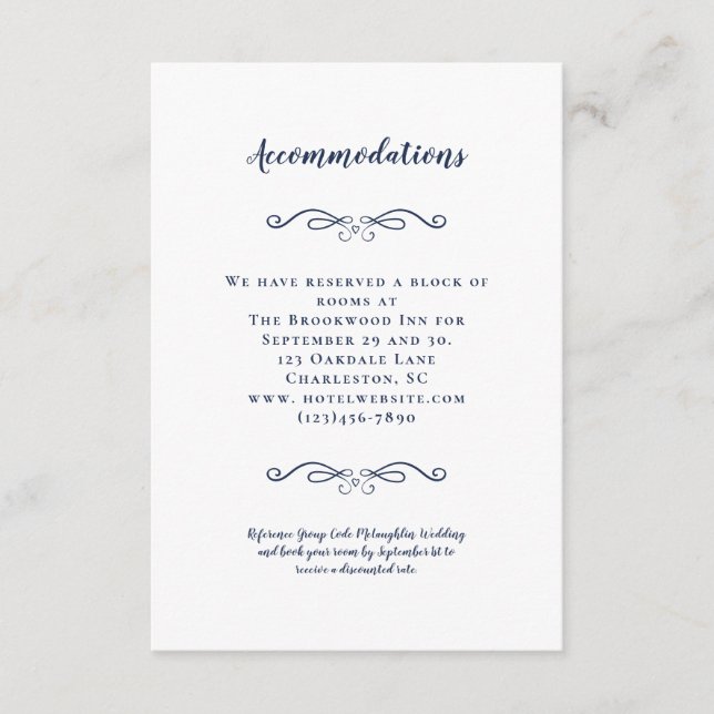 Tarjeta De Recepción Alojamiento Elegante Moda Azul Boda Detalles (Anverso)