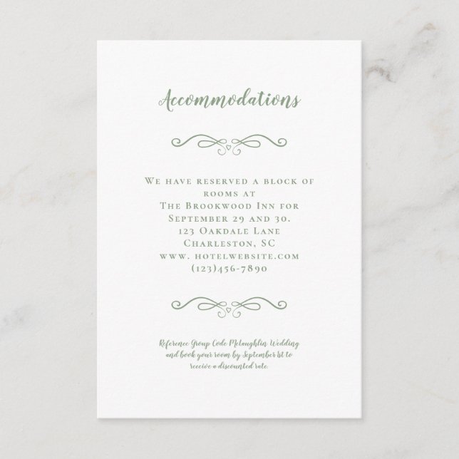 Tarjeta De Recepción Alojamiento Elegante Sage Green Boda Detalles (Anverso)