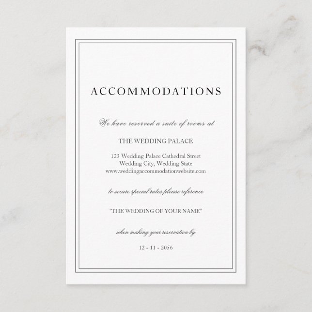 Tarjeta De Recepción Alojamiento elegante y sencillo de Boda blanco neg (Anverso)