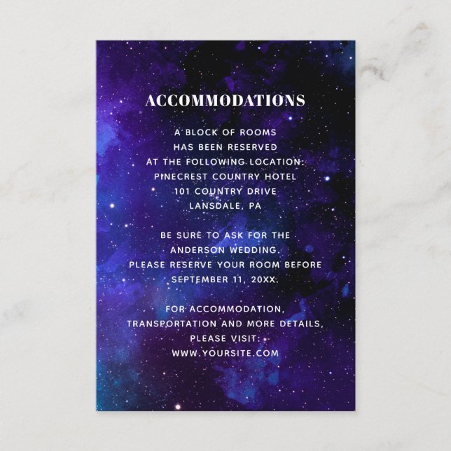Tarjeta De Recepción Alojamiento en boda espacial. Estrellas nocturnas. (Anverso)