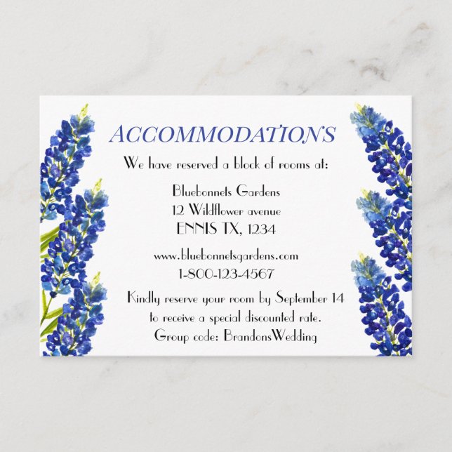 Tarjeta De Recepción Alojamiento en Boda Floral Azul Bluebonnets (Anverso)