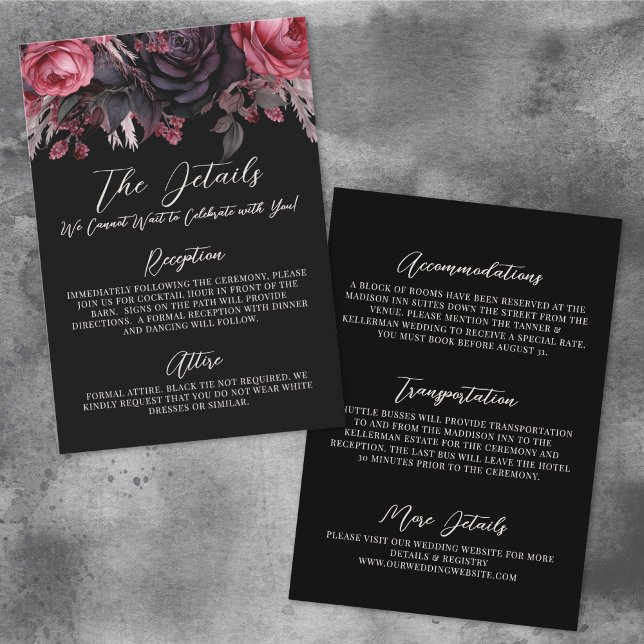 Tarjeta De Recepción Alojamiento en Boda floral negro gótico (Gothic Black Floral Wedding Details Accommodations Enclosure Card )