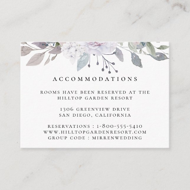 Tarjeta De Recepción Alojamiento en Dusty Garden Floral Boda (Anverso)