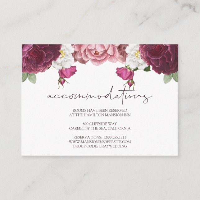 Tarjeta De Recepción Alojamiento en el Floral Burgundy Boda Hotel (Anverso)