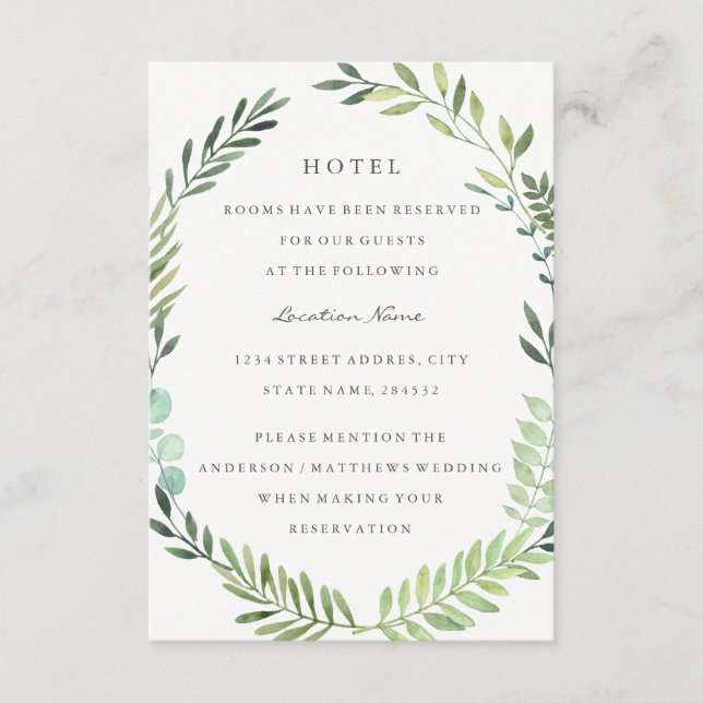 Tarjeta De Recepción Alojamiento en Green Leaf Wreath Boda Hotel (Anverso)
