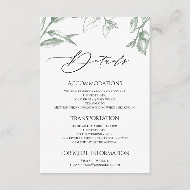 Tarjeta De Recepción Alojamiento en las hojas botánicas verdes (Anverso)