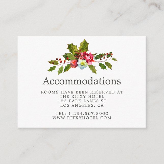 Tarjeta De Recepción Alojamiento Floral de Navidad para Boda de Acebo (Anverso)