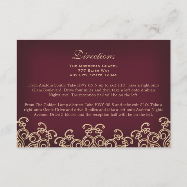 Tarjeta De Recepción Alojamiento Maroon Gold Moroccan Direcments (Anverso)