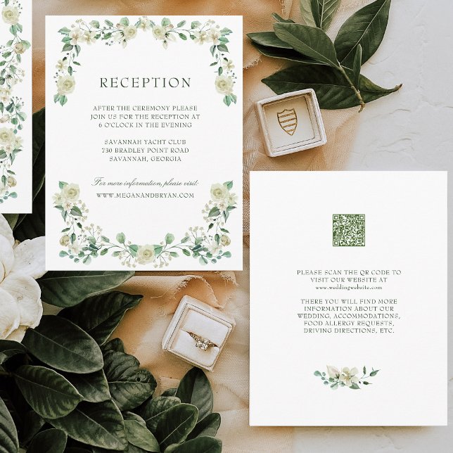 Tarjeta De Recepción Alojamiento Megan Simple Greenery Wedding (Wedding reception enclosure card with white flowers and greenery. Perfect for church weddings.)